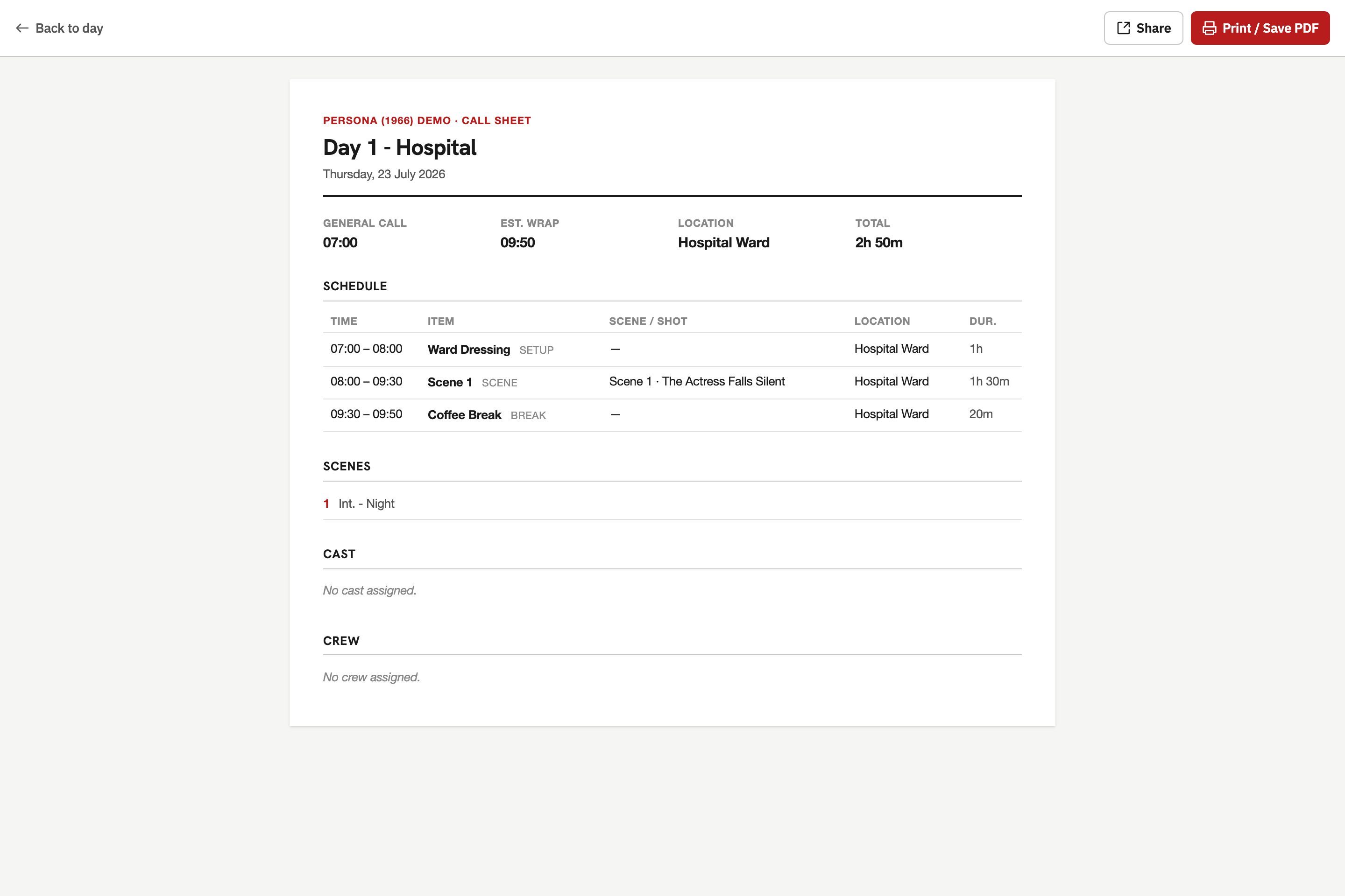 Rosebud call sheet: general call, schedule, and cast on a shareable link